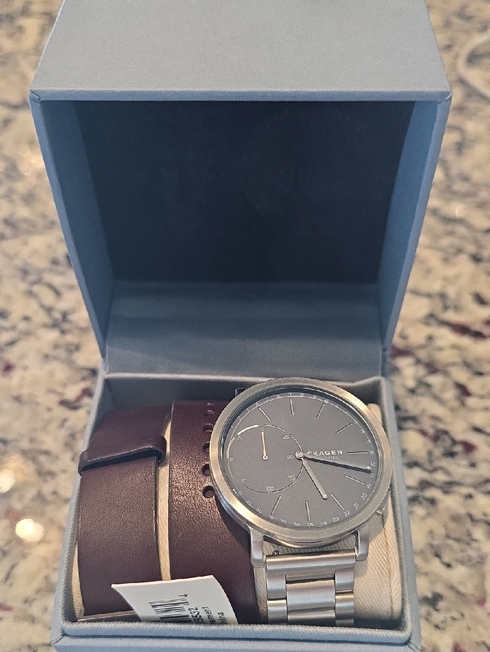 Skagen Men's Gray Dial with Brown Leather & Silver Steel Bracelet Hybrid Watch